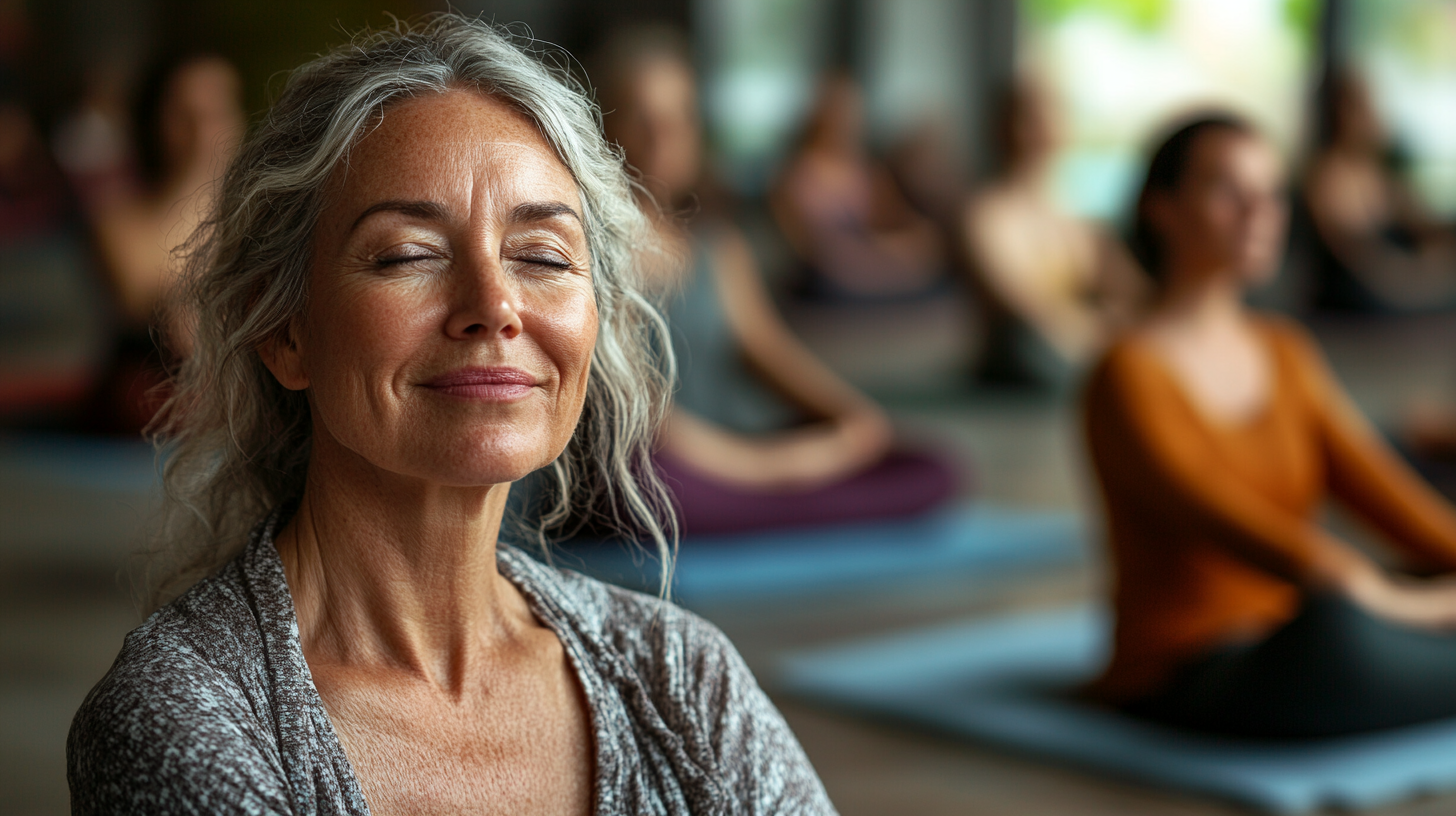 Възрастни хора практикуват йога